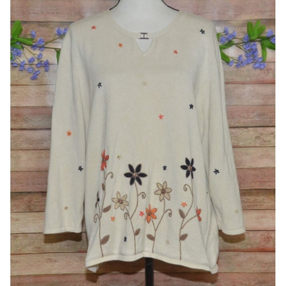 Alfred Dunner Petite Floral Sweater Beaded Embroidered Plus1X V-Neck Granny